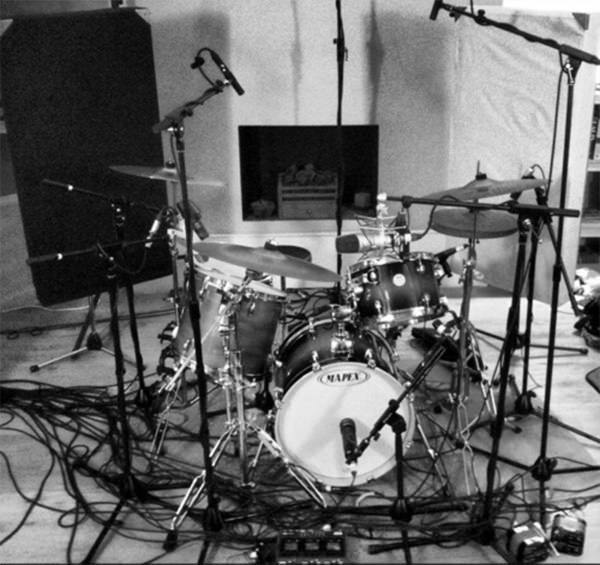 Tom Cleghorn's drums, newly set up in The Bedlam Six house studio