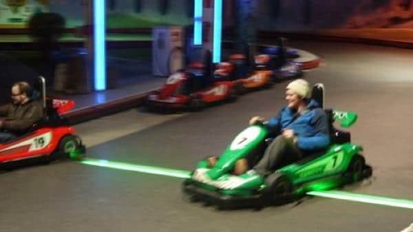 Biff Roxby races on the go-kart track in Vienna