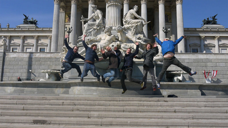 The Bedlam Six do some Monkees-style leaping while on tour