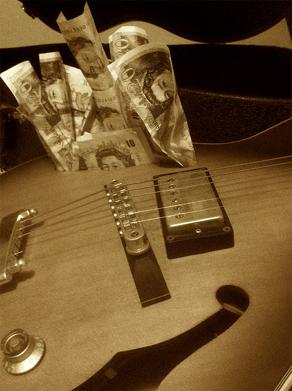 Guitar with banknotes in the background