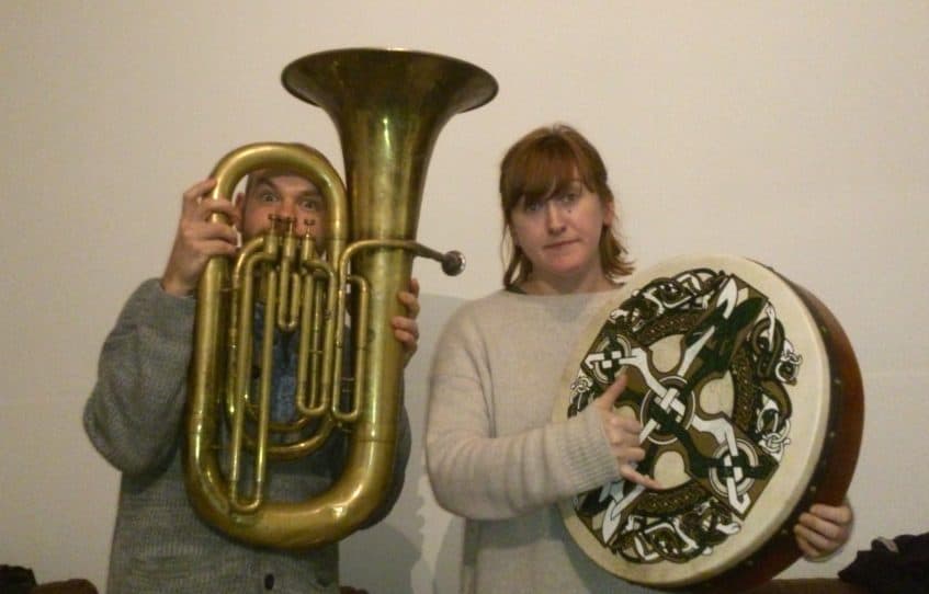 Liz Green and I holding things we didn't play on the record.